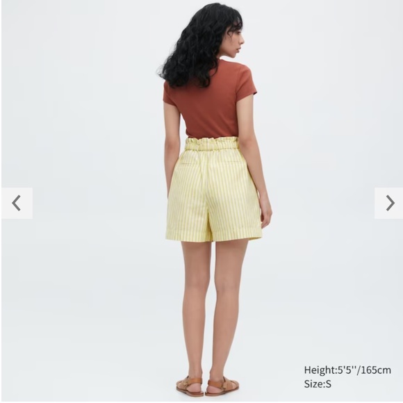 Uniqlo yellow striped cotton linen blend paper bag high rise shorts NWT - Picture 2 of 13
